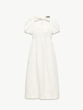 Zara White Textured Puff-Sleeve Midi Dress